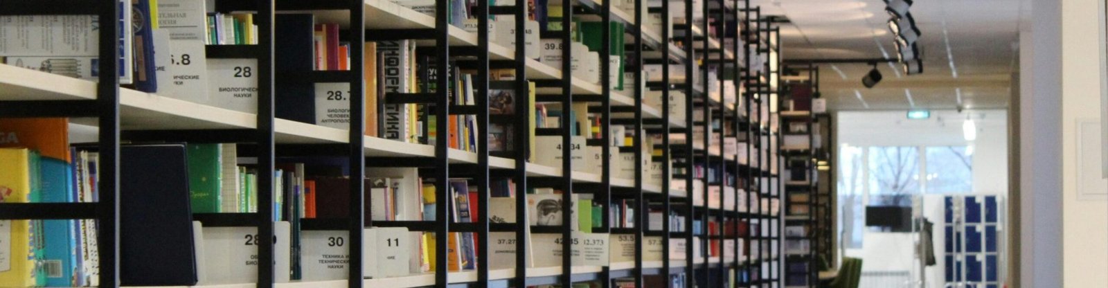 A spacious modern library with organized bookshelves and a well-lit aisle, perfect for reading and research.